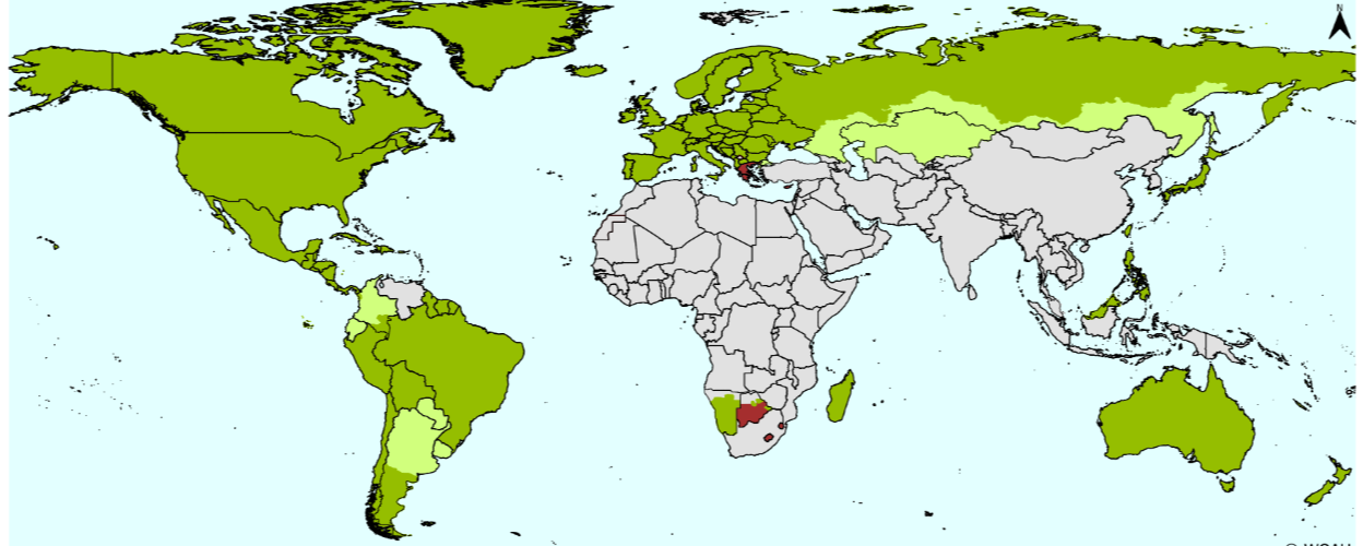 Mapa mundial de estatus sanitario de fiebre aftosa (FMD) por país según WOAH: la mayoría de América, Europa occidental, Rusia y Oceanía figuran libres de FMD; partes de Asia central y Sudamérica están libres con vacunación; Sudáfrica y una zona del sudeste europeo muestran suspensión del estatus libre; África, Medio Oriente y buena parte de Asia no tienen estatus oficial.